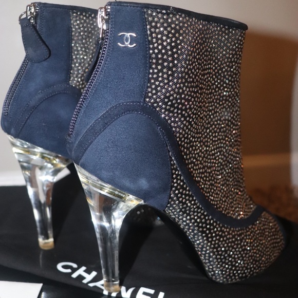 Chanel Blue Suede Peep-toe Glitter Bootie with Lucite Heel - Picture 5 of 7